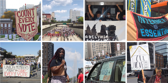 Photo grid with pictures taken during 2020. It includes photos from the count every vote protests, #BlackLivesMatter actions, and photos from protests for affordable housing, internet access and decarceration.